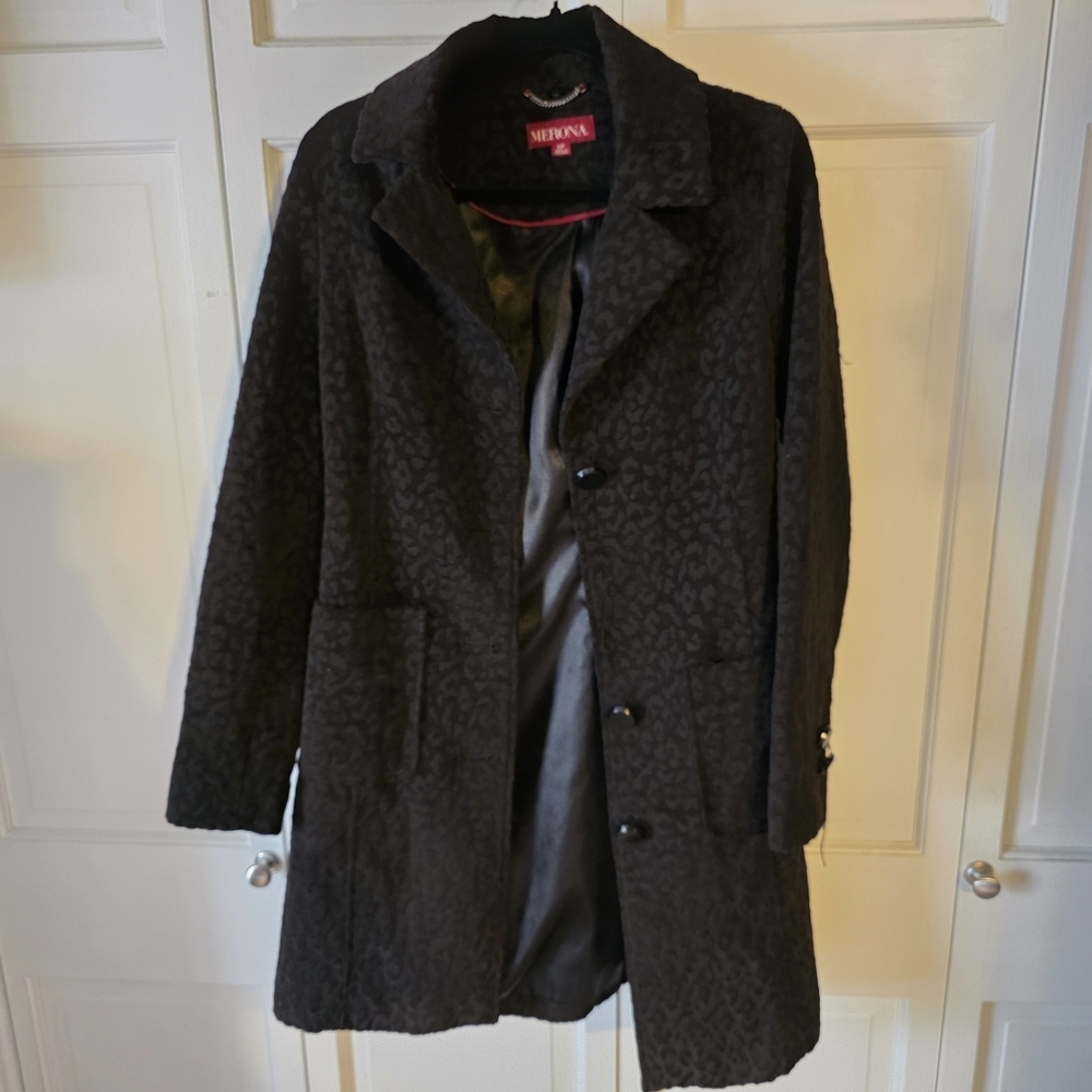 Merona Black Leopard Jacquard Coat Womens Small Petite Textured Button Jacket